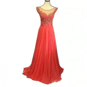 Sherri Hill Long Prom Dress  Layered  Coral/Nude Sz 2 NWT Flawed hemline‎